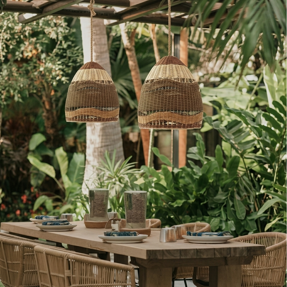 Sophisticated hand-woven wicker light enhancing the warmth and comfort of a modern dining room.