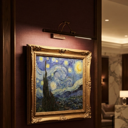Natural hand-made wood picture light perfect for eco-friendly hallway displays