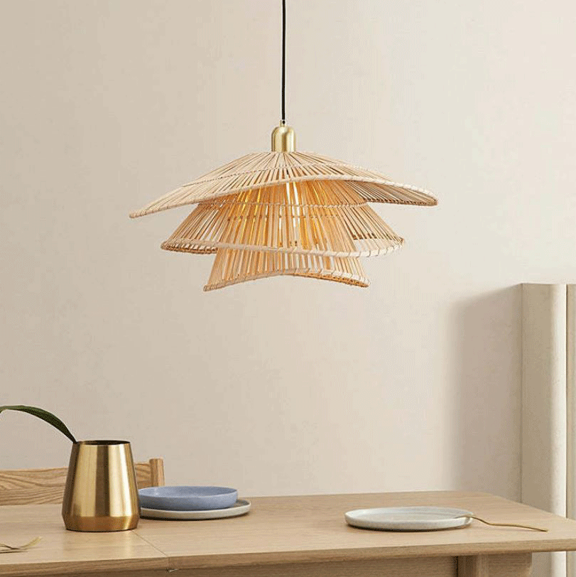  Handcrafted artisan wicker pendant showing meticulous split-bamboo weaving techniques.