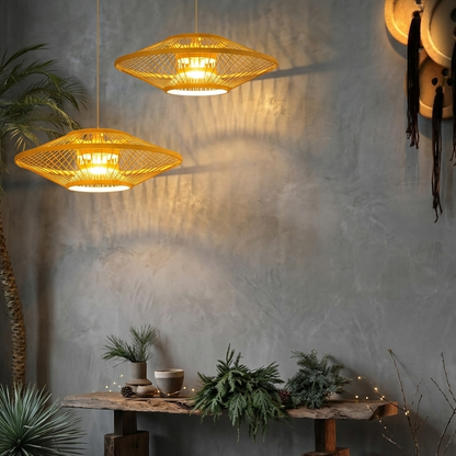 Handcrafted bamboo cage pendant light featuring a Wabi-Sabi aesthetic