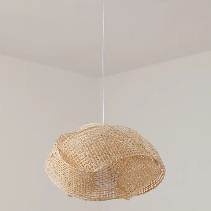 Unique handwoven bamboo hanging lamp, ideal for eco-friendly modern styling with a sculptural folded frame.
