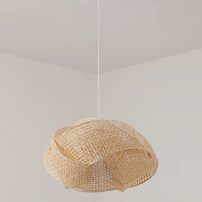 Unique handwoven bamboo hanging lamp, ideal for eco-friendly modern styling with a sculptural folded frame.