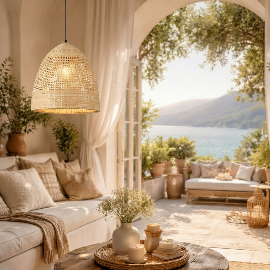 Natural bamboo pendant light creating a warm, inviting atmosphere in a cozy living room space.