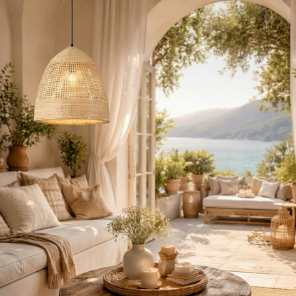 Natural bamboo pendant light creating a warm, inviting atmosphere in a cozy living room space.