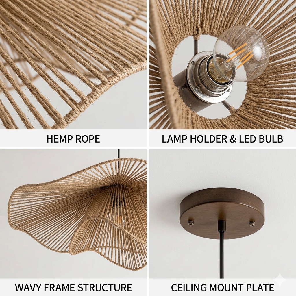 A close-up view of a handcrafted natural hemp rope flush mount light