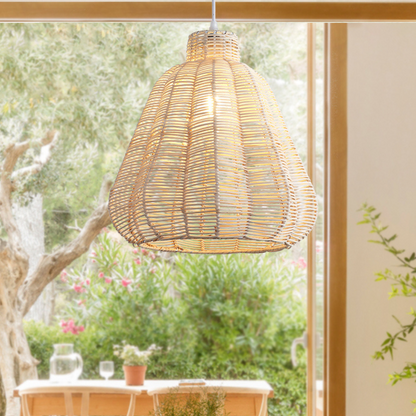 Handcrafted natural rattan dome pendant light with intricate weave pattern