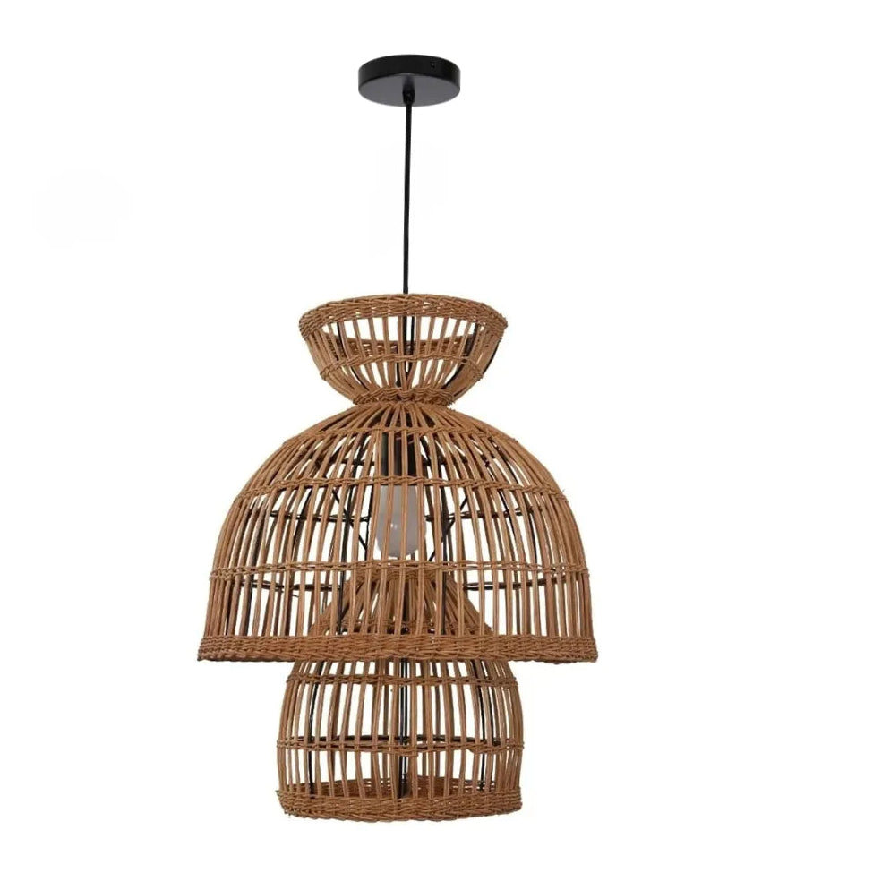 Handcrafted natural rattan tiered pendant light with detailed organic weaving