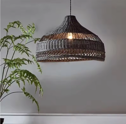 Artisan crafted rattan dome light showcasing precise cross-knit basketry and high-quality sustainable split-bamboo materials.