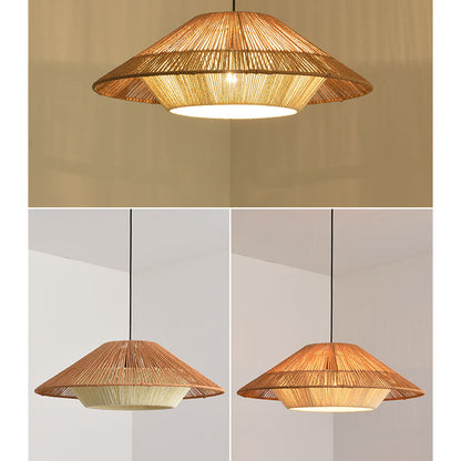 Artisan woven split-bamboo chandelier highlighting detailed vertical rope lines wrapping a geometric metal frame.