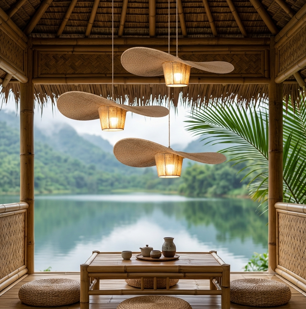Handcrafted rattan hat pendant light as a decor statement for boutique resorts