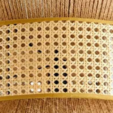 Artisan woven cane mesh chandelier showcasing intricate vertical thread wrappings and traditional rattan wicker details.