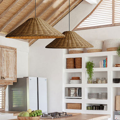Artisan woven rattan hat pendant showcasing tight, flawless basket-weave patterns using premium sustainable organic fibers.