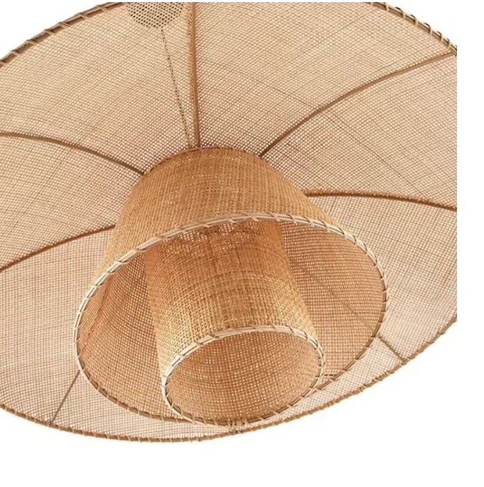 Artisan woven wicker hanging lamp detailed circular inserts showing close-up shots of the meticulous hand-stitched rattan wrapped border edge.