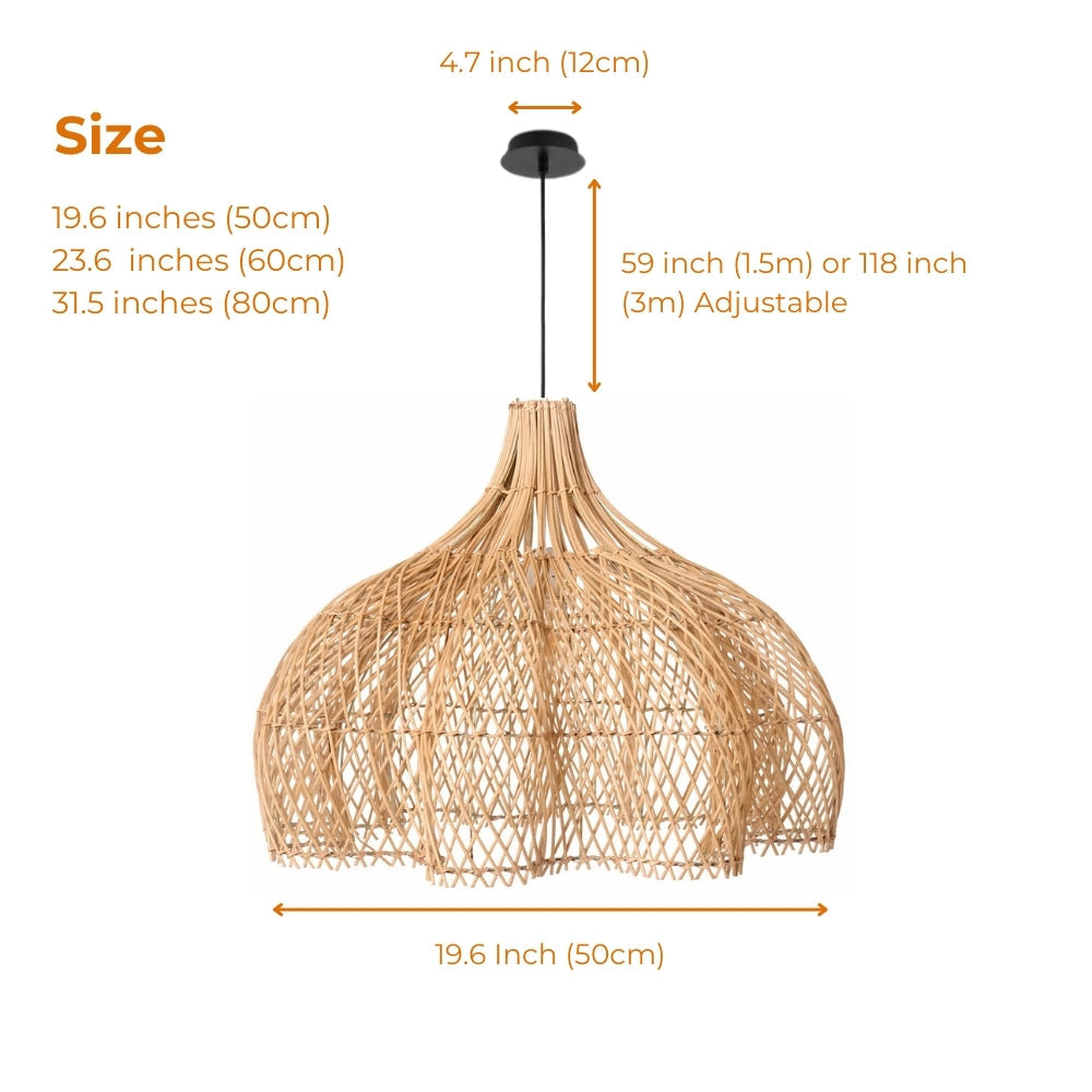 Close-up of an artisan woven wicker basket lamp highlighting the detailed texture of sustainable organic fibers.