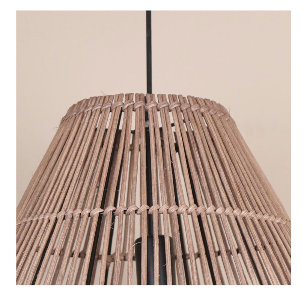 Artisan woven bamboo light highlighting the raw texture and fine spacing of sustainable handcrafted organic fibers.