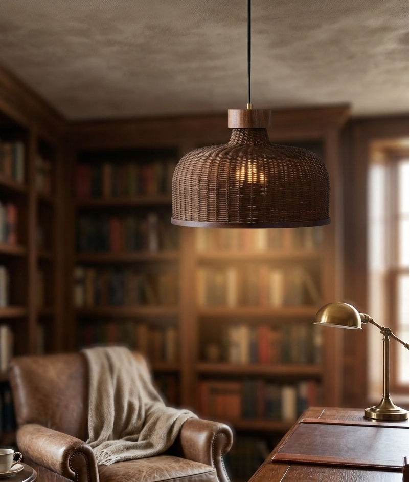 Handcrafted walnut and rattan chandelier emphasizing premium organic craftsmanship, clean structural lines, and mid-century aesthetic.