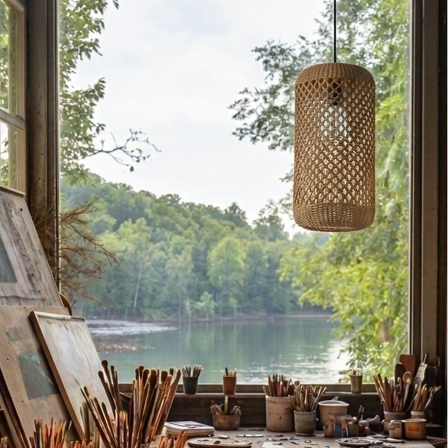 Handcrafted cylindrical jute light illuminating an inspiring art studio
