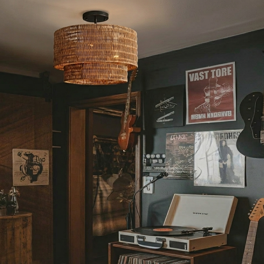 Artistic rattan ceiling light designed to inspire creativity in an art studio environment.