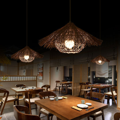 Handmade rattan and straw hanging lamp in warm lighting