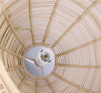 Artisan crafted geometric wicker chandelier showcasing traditional split-bamboo weaving with a beautiful inner glow