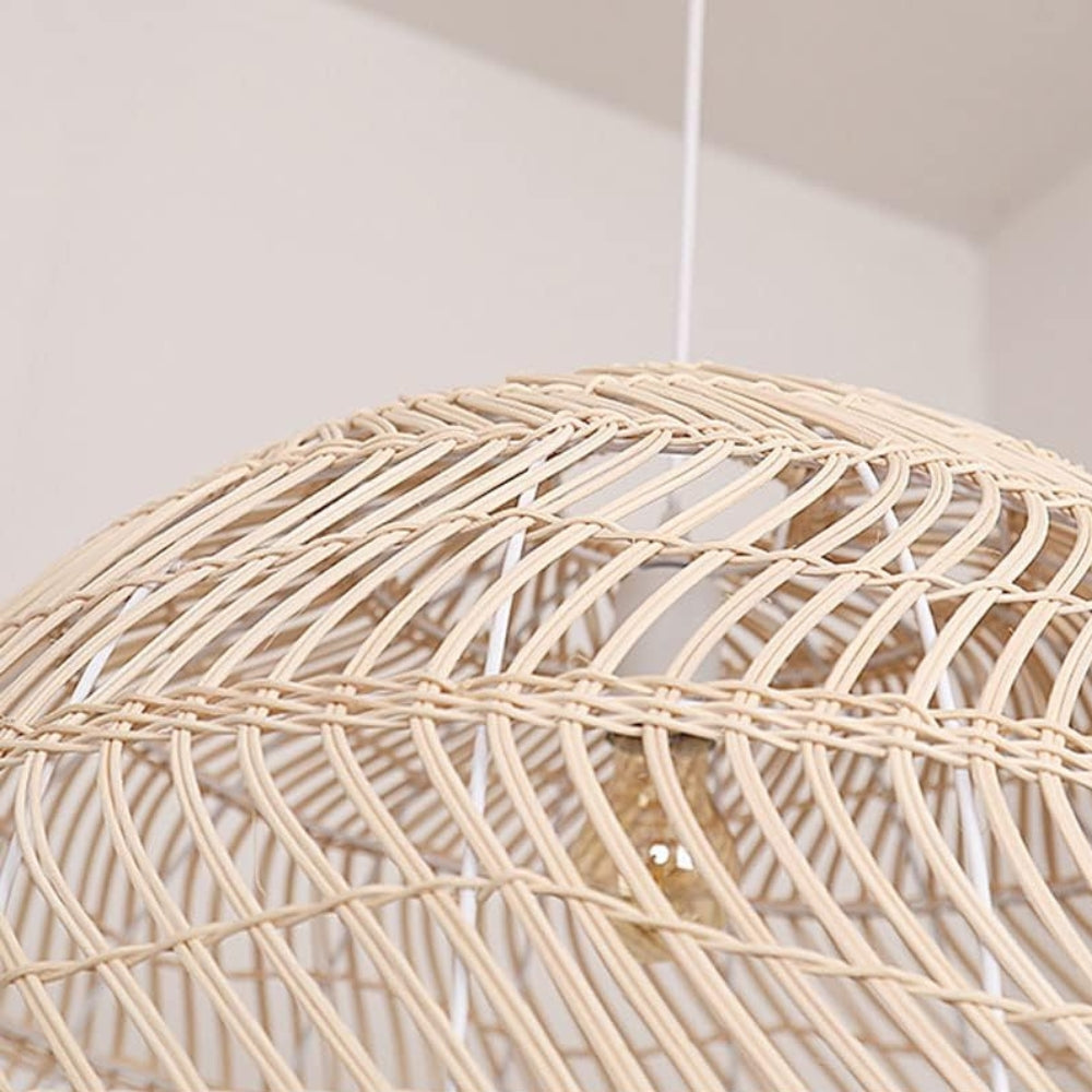 Three handwoven bamboo mesh pendant lights showcasing precision split-bamboo weaving and a clean round silhouette.