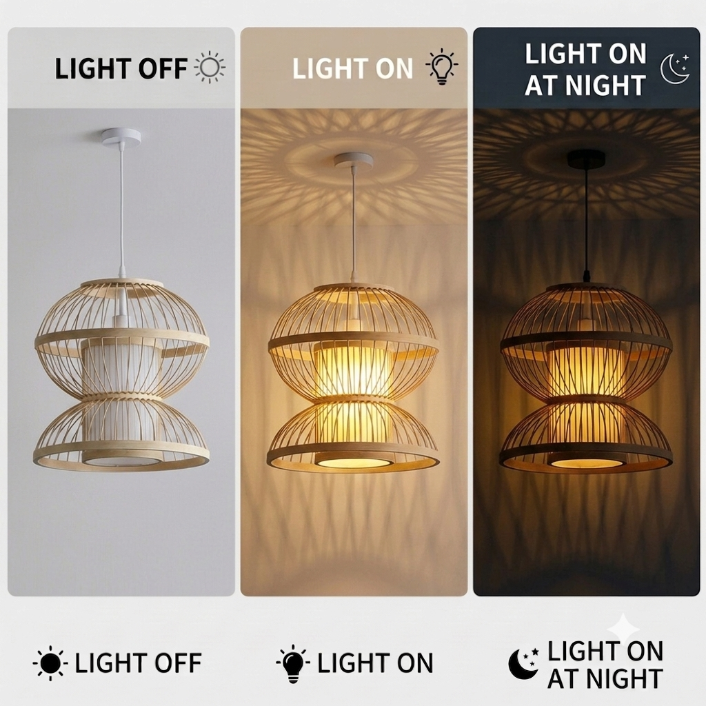 Sustainable bamboo hanging lamp with handmade organic design for natural home decor.