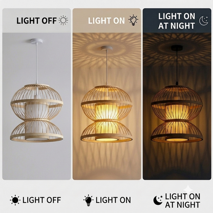 Sustainable bamboo hanging lamp with handmade organic design for natural home decor.