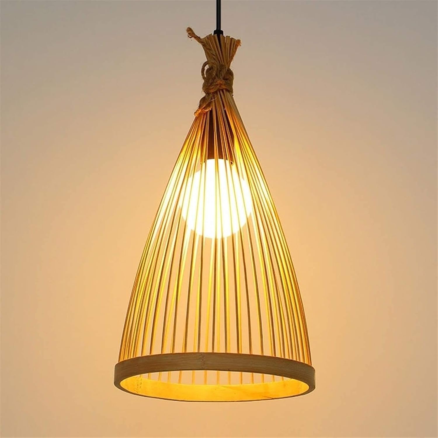 Handwoven bamboo cone pendant light for modern Japandi home decor