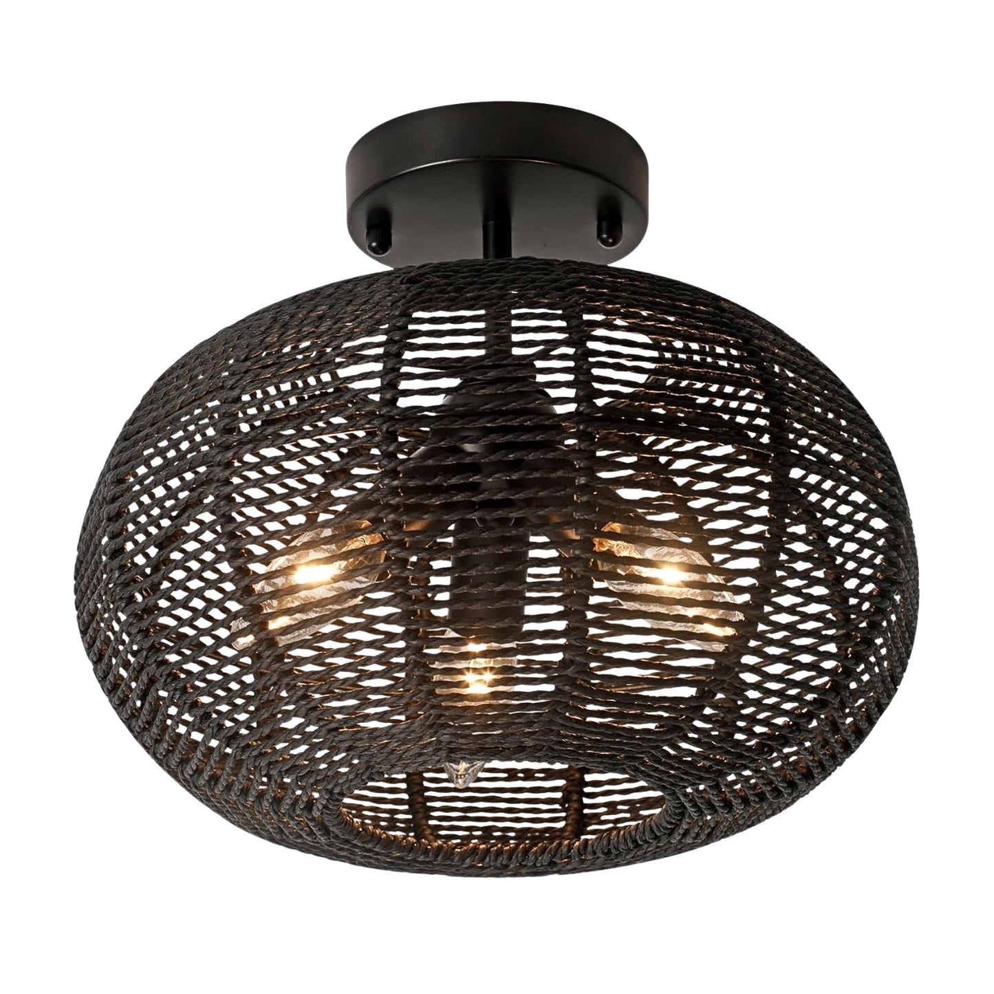 A close-up view of a handwoven black rope flush mount ceiling light