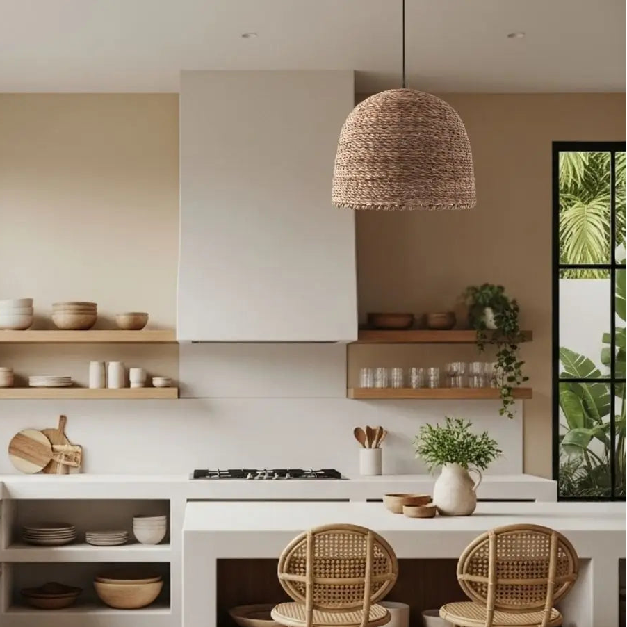 Rustic handwoven wicker pendant light hanging over a kitchen island