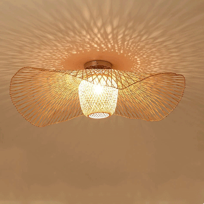 Wide brim natural bamboo woven hanging lamp