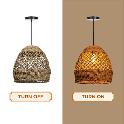 Handwoven natural Jute  dome pendant light with intricate woven texture