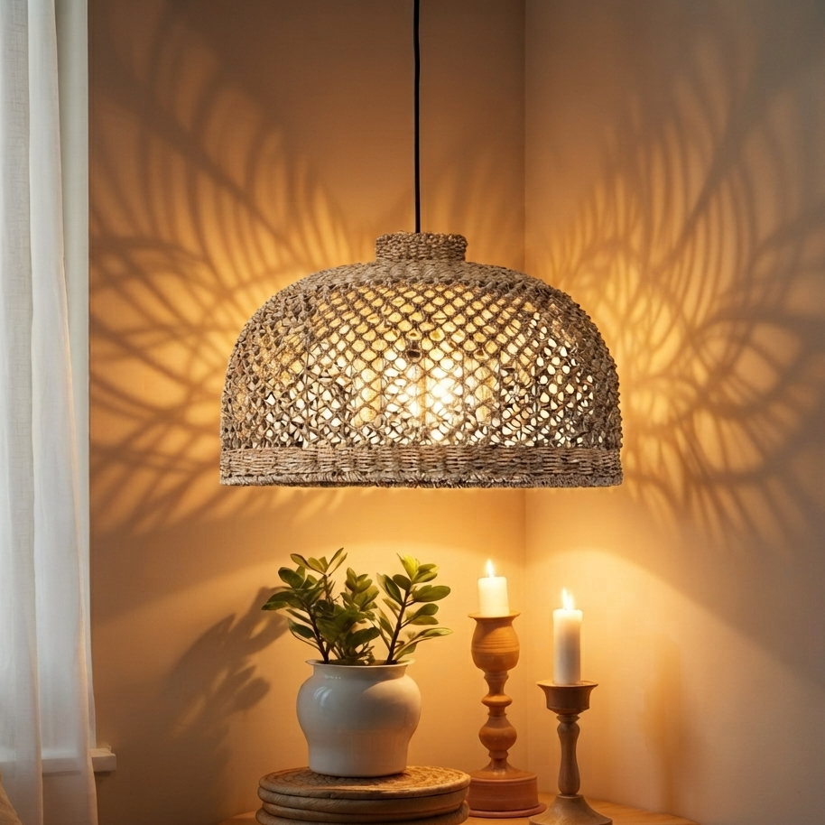 A close-up of a handwoven natural jute fiber pendant lamp