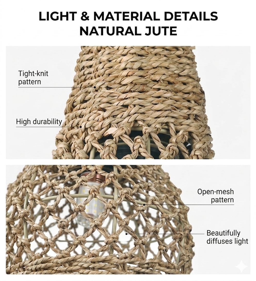 A trio of handwoven natural jute pendant lights, showcasing the rustic texture of organic jute fiber.