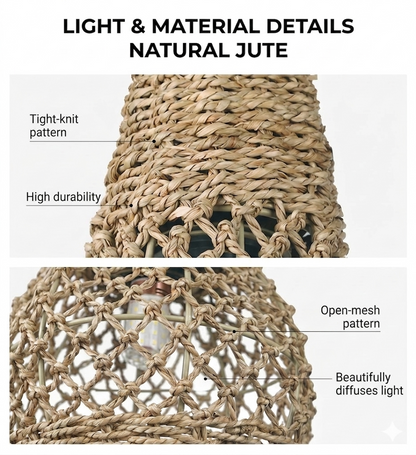 A trio of handwoven natural jute pendant lights, showcasing the rustic texture of organic jute fiber.