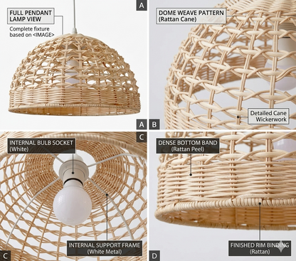 Handwoven natural rattan dome pendant light with intricate weave texture and organic aesthetic.
