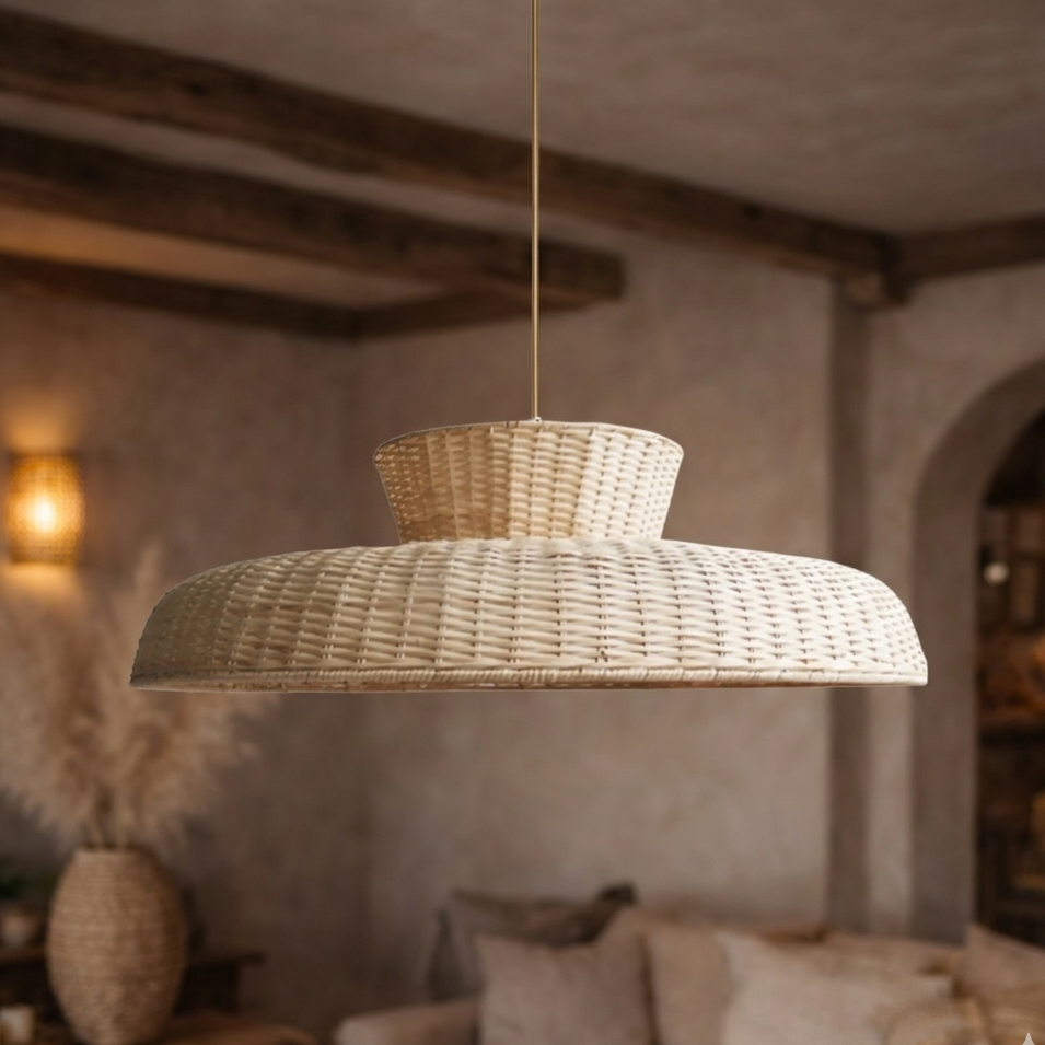 A close-up view of a handwoven natural rattan tiered pendant light