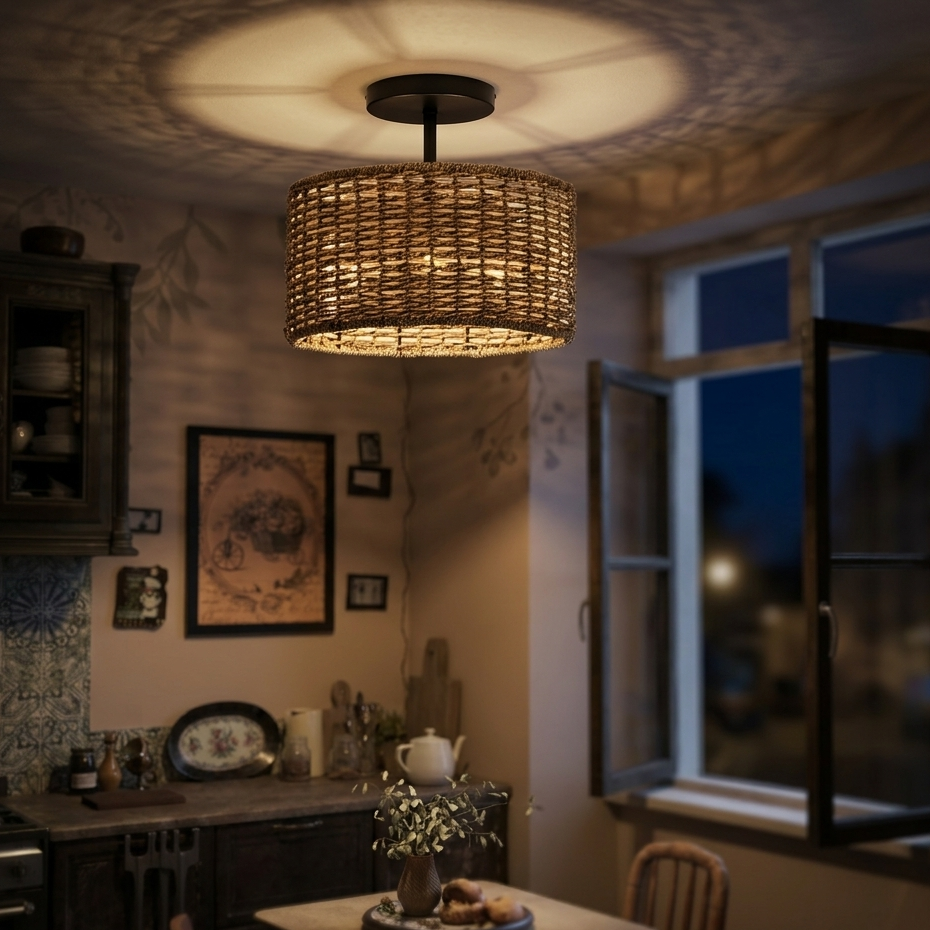 Handwoven natural seagrass drum ceiling light with intricate rustic weave and a sleek black metallic mount.