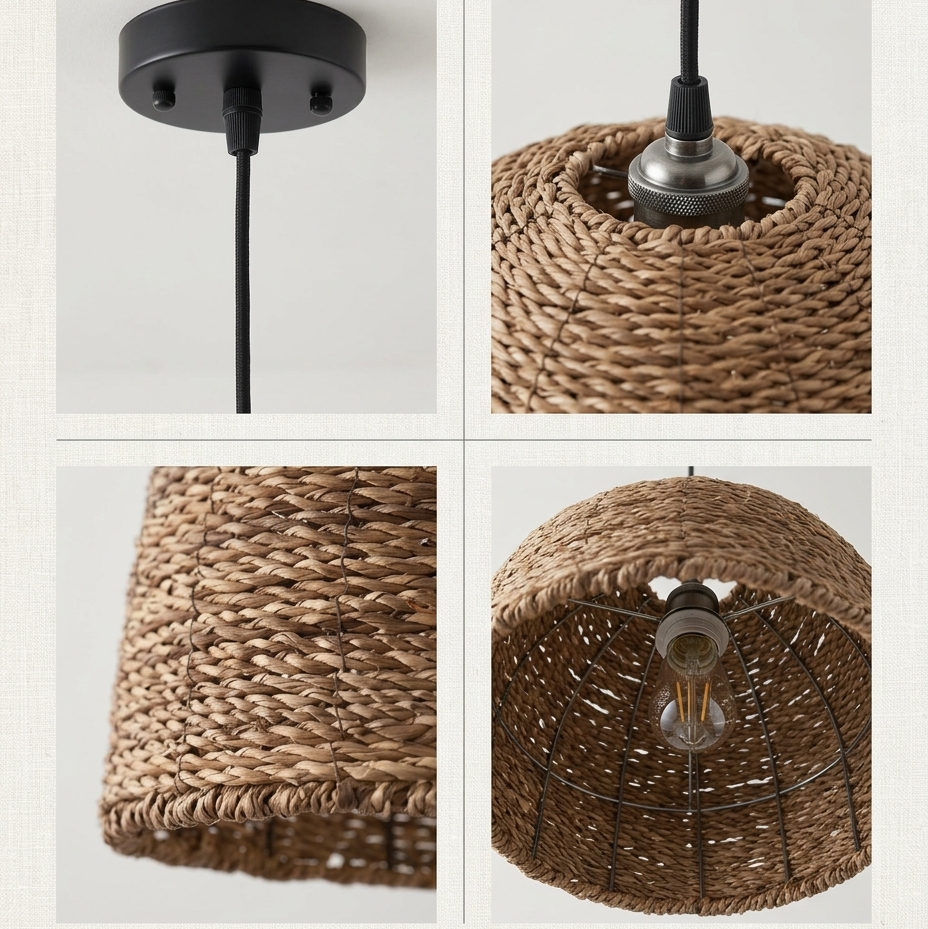 Handmade natural seagrass woven pendant light fixture with organic texture.