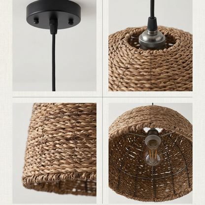 Handmade natural seagrass woven pendant light fixture with organic texture.