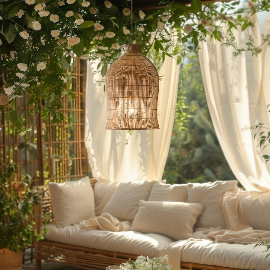 Handwoven rattan bell pendant light bringing natural warmth to a modern living room