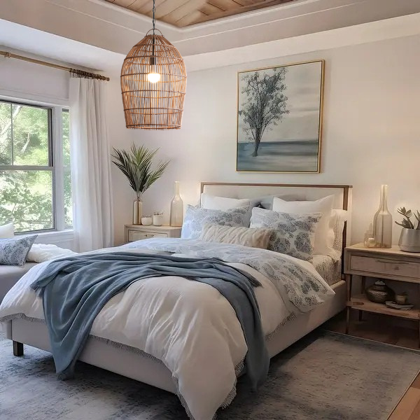 Handwoven rattan bell pendant light bringing natural warmth to modern bedrooms