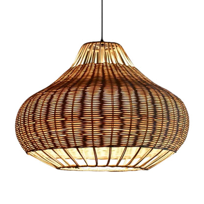 Minimalist handwoven wicker chandelier installed in a contemporary dining room setup.