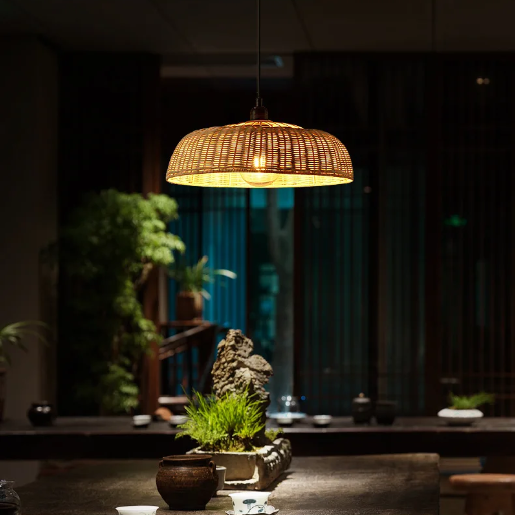 Handwoven rattan dome pendant light for modern minimalist home decor
