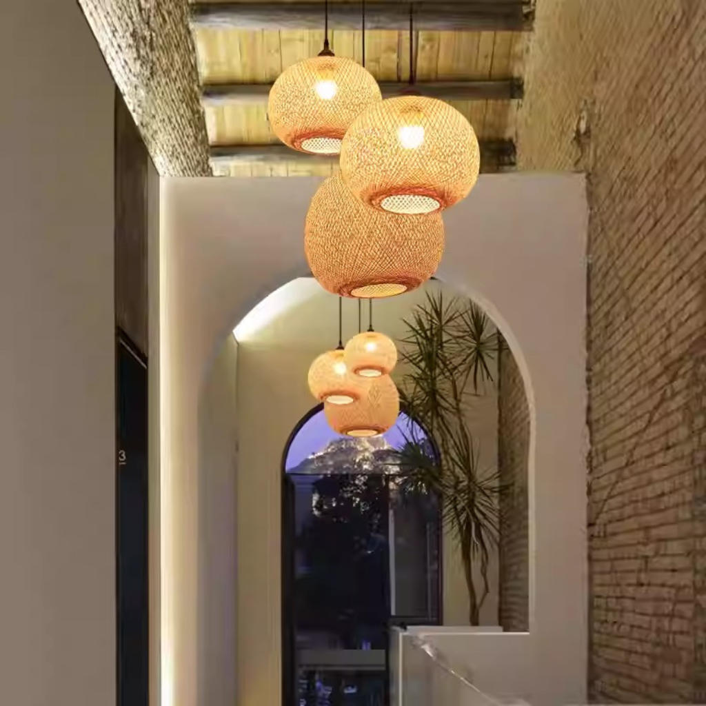 Set of handwoven rattan globe pendant lights for a warm and modern home decor