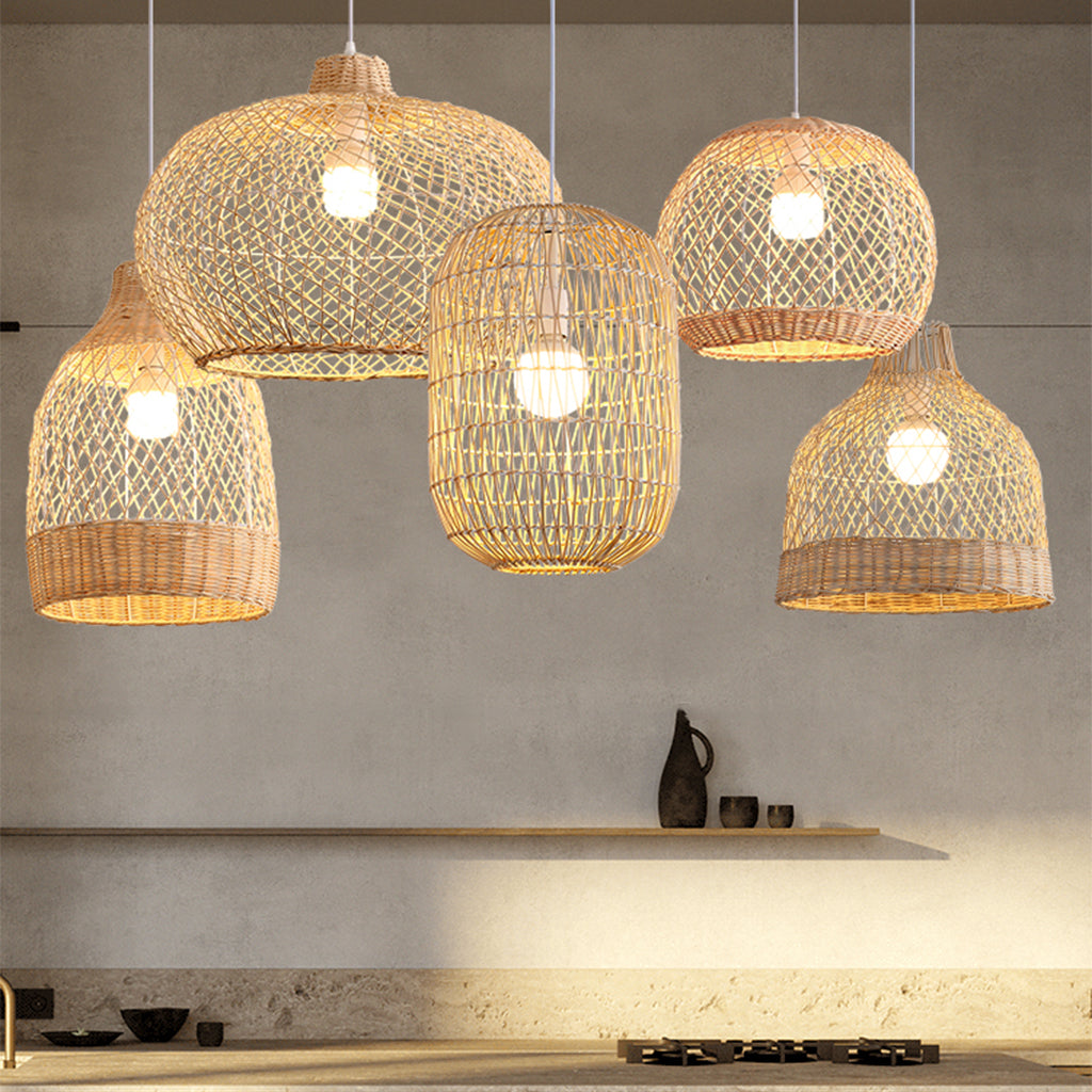 Set of five handcrafted natural rattan pendant lights with unique woven designs