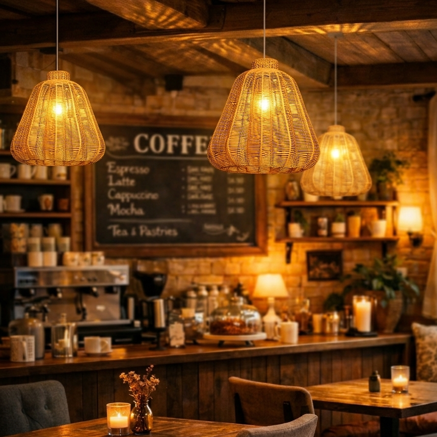 Handwoven rattan pendant light creating a cozy and artistic atmosphere for modern cafe interiors