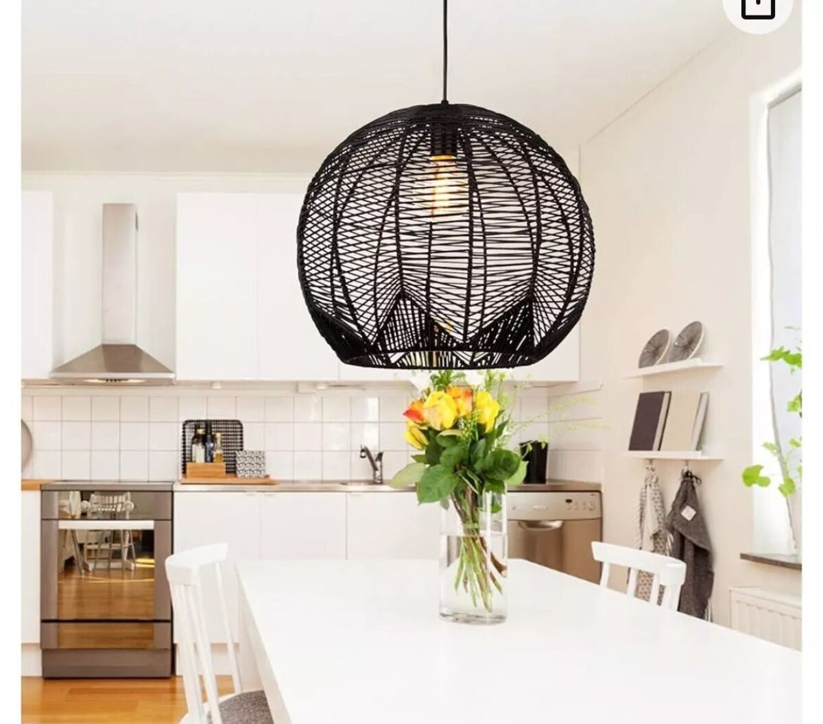 Boho style natural rattan dome pendant light in modern dining area