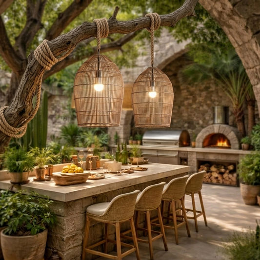 Natural handwoven rattan pendant light creating a warm ambiance for outdoor dining tables