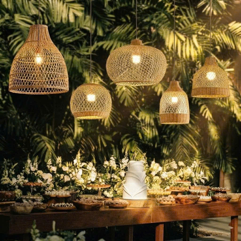 Bohemian style handwoven rattan pendant lights creating a romantic atmosphere for wedding reception decor